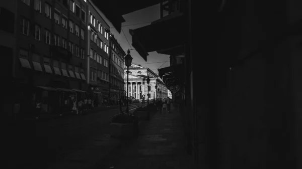 Grayscale Picture Buildings Sunlight — Stock Photo, Image