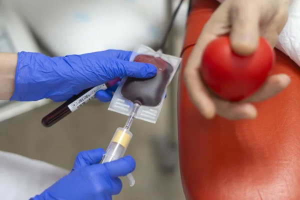 Selective Focus Shot Blood Donator Donating Blood Hospital — Stock Photo, Image