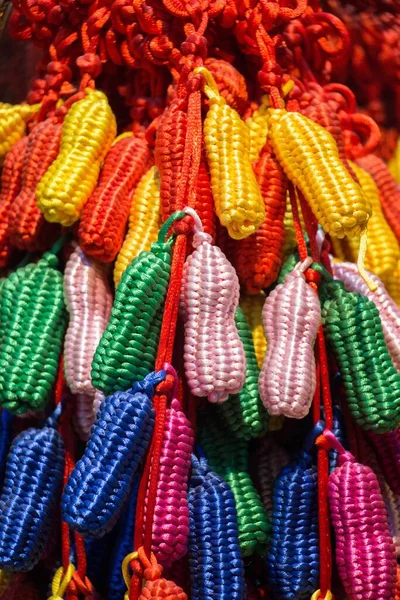Closeup Colorful Weaved Peanut Shaped Yarn Ornaments — Stock Photo, Image