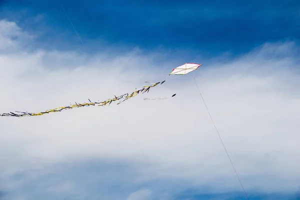 天気の良い日に空に舞い上がるカラフルな凧のローアングルショット — ストック写真