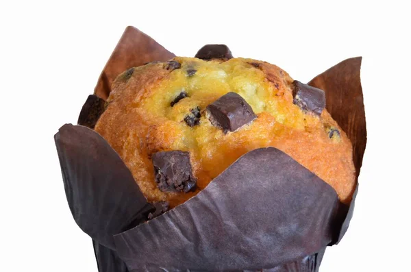 Disparo Cierre Muffin Chip Chocolate Bajo Las Luces Aisladas Sobre —  Fotos de Stock