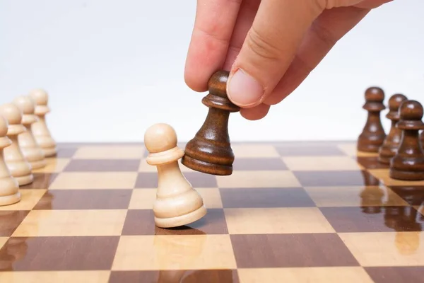 Closeup Shot Chess Pawns Man Hand — Stock Photo, Image