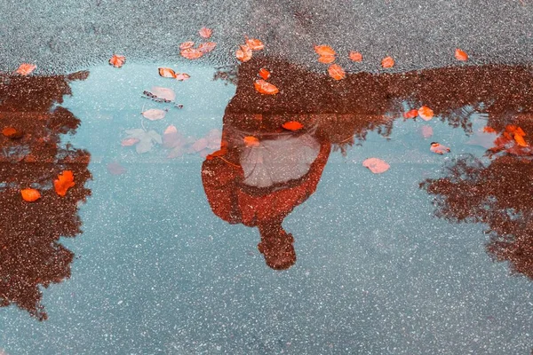 Изображение Человека Воде Оранжевыми Осенними Листьями — стоковое фото