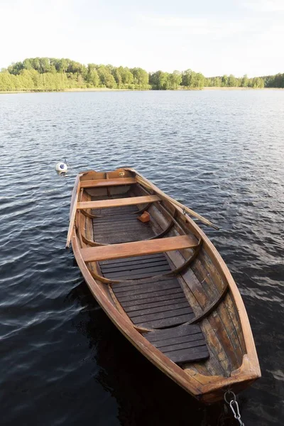 Вертикальная Картина Старинной Деревянной Лодки Озере Против Зелени — стоковое фото