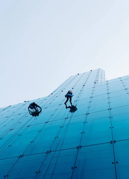 Una Toma Vertical Ángulo Bajo Dos Personas Escalando Edificio Vidrio — Foto de Stock