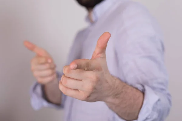 Closeup Person Pointing Fingers Lights Blurry Background — Stock Photo, Image