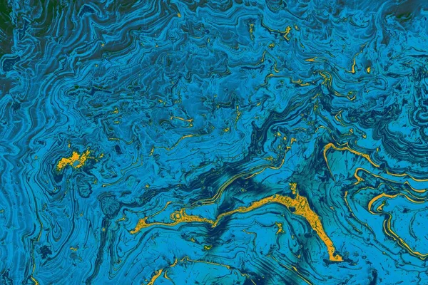 Närbild Abstrakt Marmorerad Målning Med Gröna Blå Och Gula Vågiga — Stockfoto