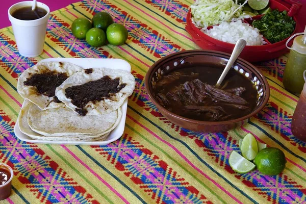 High Angle Shot Table Setting Traditional Mexican Food Known Birria — Stock Photo, Image