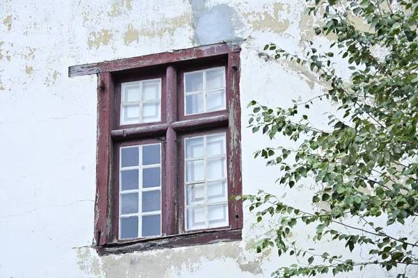 Det Mörkröda Träfönstret Gammal Byggnad Med Gröna Grenar Framsidan — Stockfoto