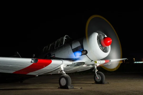 Aircraft Its Propeller Spinning Fast Night — Stock Photo, Image