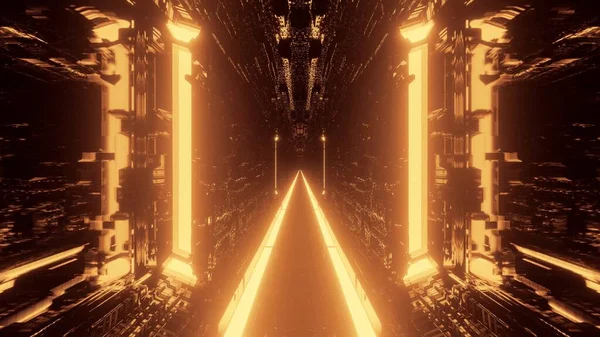 Altın Işıklarla Dolu Fütürist Bir Bilim Kurgu Tünelinin Boyutlu Bir — Stok fotoğraf