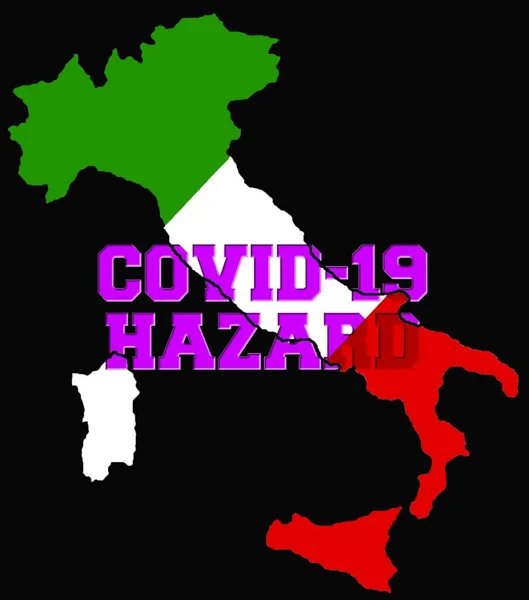 배경에 Covid Hazard 단어와 이탈리아 지도의 — 스톡 사진