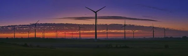 日落时在田野上的风车轮廓的全景照片 — 图库照片