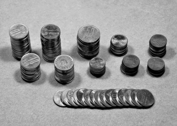 Grayscale Shot Silver Coins Top Each Other — Stock Photo, Image