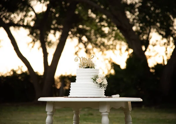 A two tiered wedding white cake decorated with fresh roses and a Mr. and Mrs. cake topper, against blurry trees