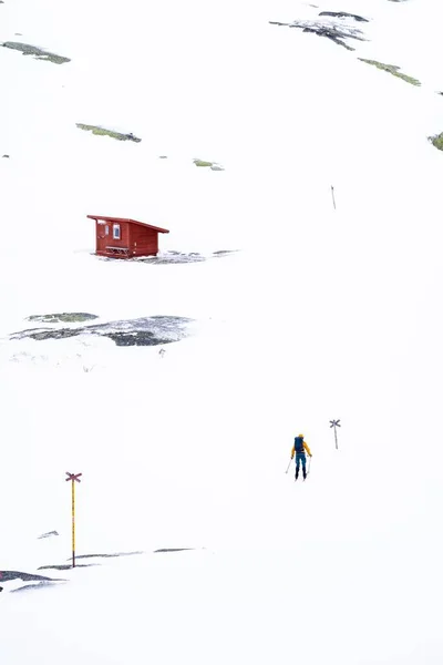 Одинокий Человек Рюкзаком Катается Лыжах Заснеженных Горах Днем — стоковое фото