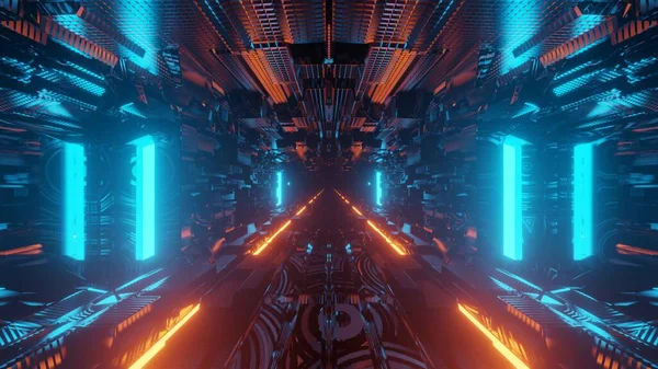 一个带有漂亮发光灯光的未来科幻隧道走廊的三维图像绘制 — 图库照片