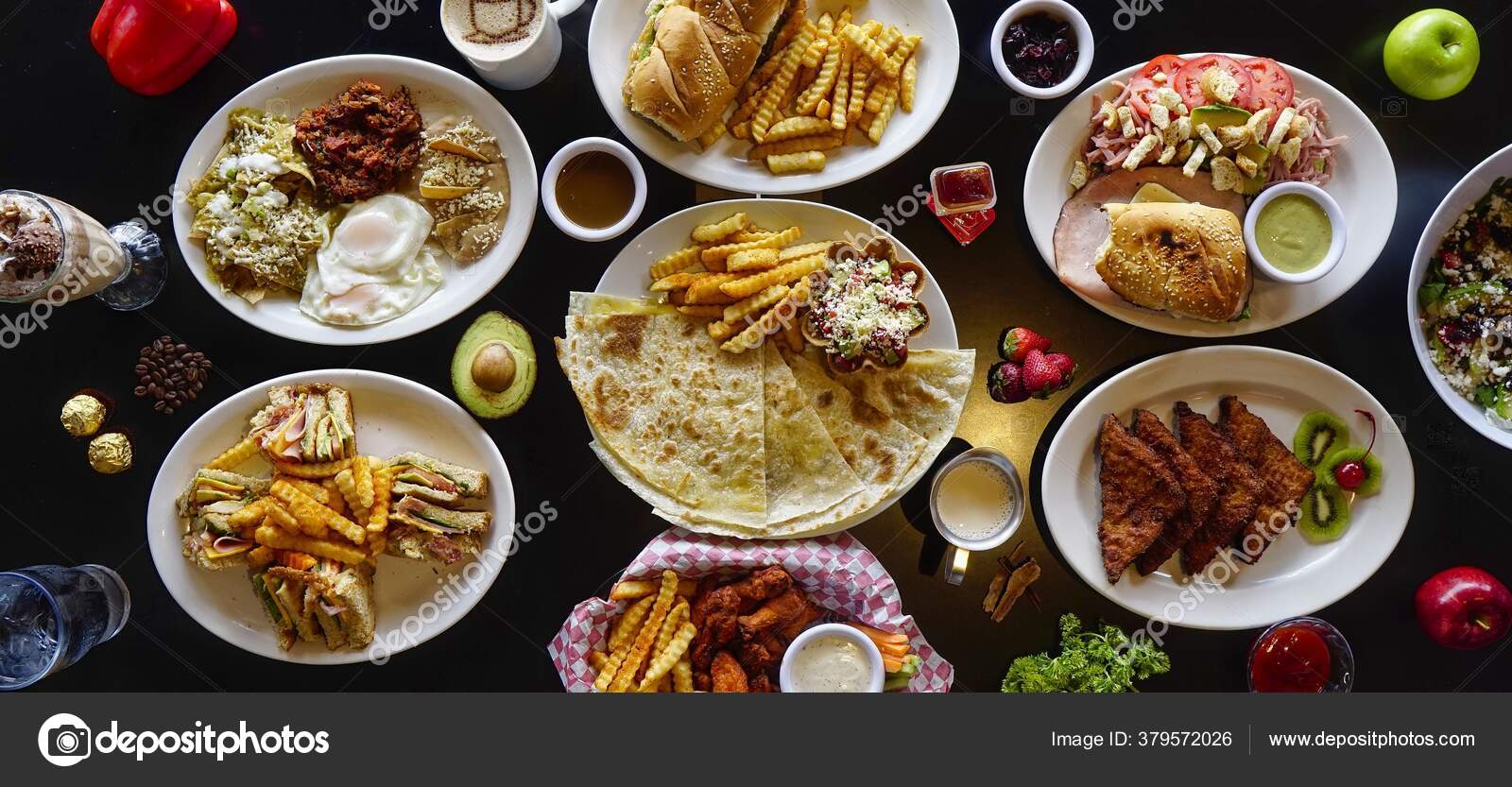 High Angle Shot Table Setting Quesadillas Club Sandwich French Bread