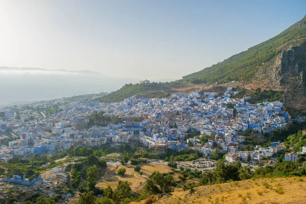 Chefchaouen Morocco Ago 2018 Pôr Sol Sobre Cidade Marroquina Azul — Fotografia de Stock