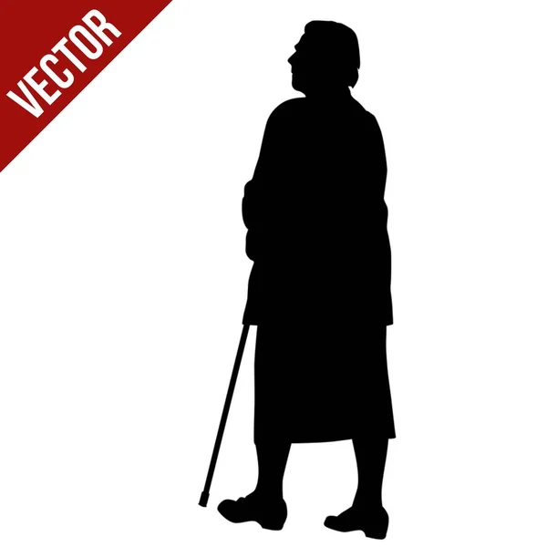 Een Silhouet Van Een Bejaard Vrouwtje Met Een Stok Geïsoleerd — Stockfoto