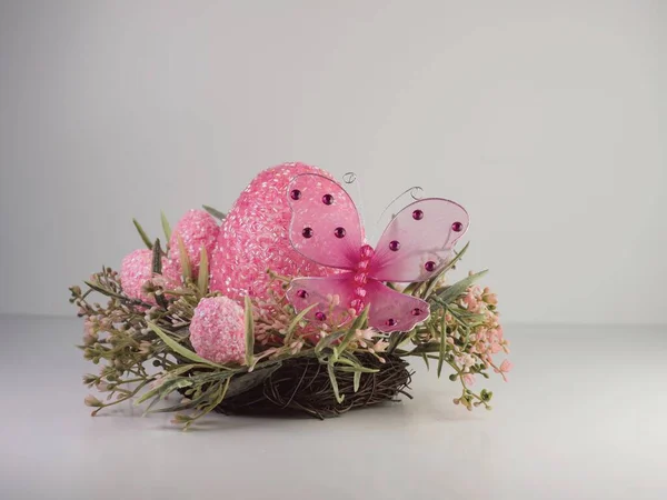 Closeup Shot Pink Decorative Easter Eggs Artificial Nest — Stock Photo, Image