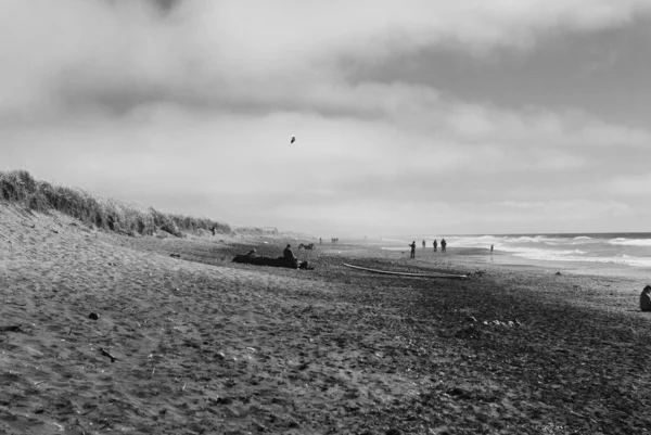 Graustufenaufnahme Von Menschen Die Unter Dunklen Wolken Strand Spazieren Gehen — Stockfoto