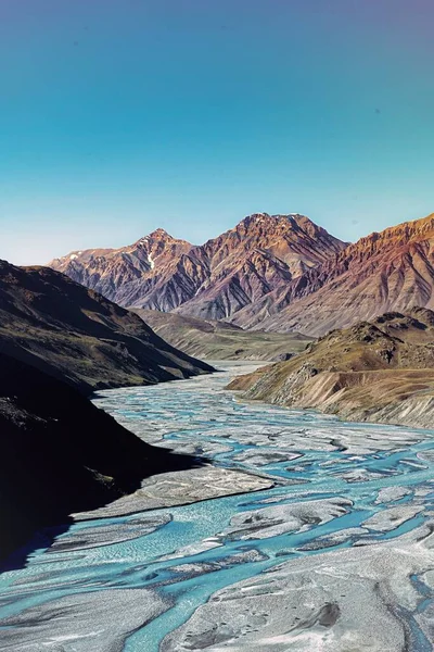 A beautiful valley view with complex river networks in the mountains region of Spiti Valley, India