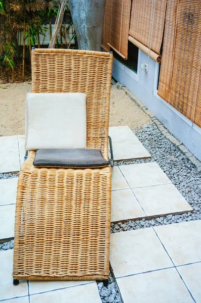 High Angle Shot Wooden Deck Chair Pillows Daytime — Stock Photo, Image