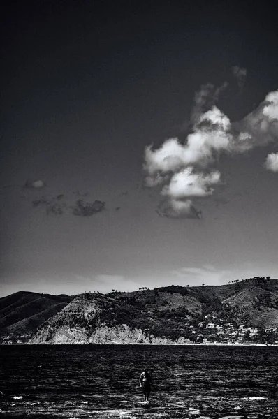 Вертикальный Серый Снимок Человека Стоящего Озера Шипами Заднем Плане — стоковое фото