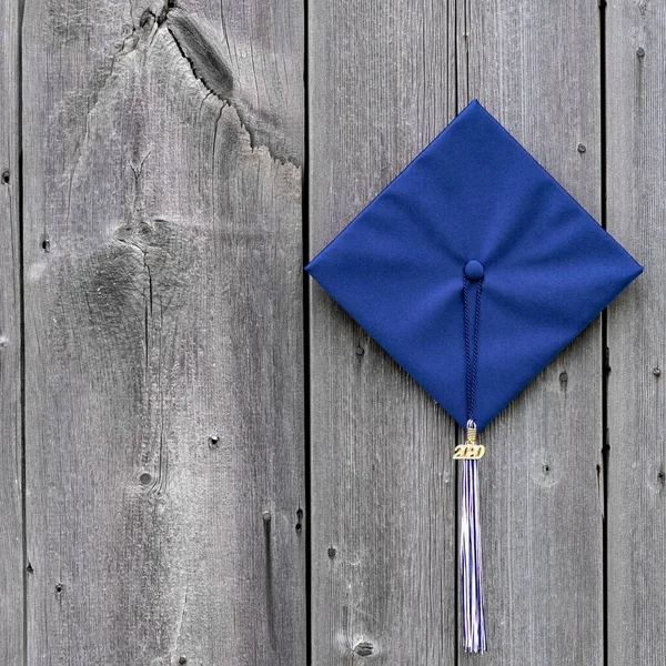 Overhead Closeup Shot Blue Academic Cap Graduation Concept — Stock Photo, Image