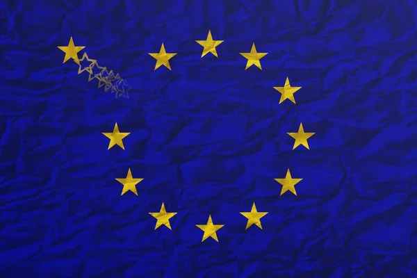 英国退欧的概念就是一个例子 上面有一面欧洲联盟的旗帜 其中有一颗星已经远去 — 图库照片