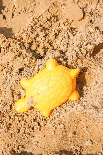 Ένα Κίτρινο Πλαστικό Παιχνίδι Μορφή Άμμου Σχήμα Χελώνας Στην Άμμο — Φωτογραφία Αρχείου