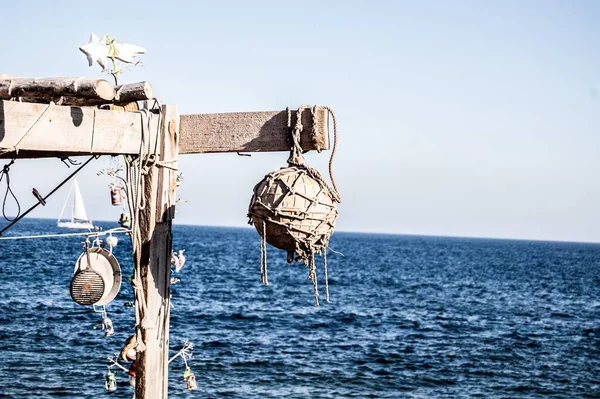 Disparo Horizontal Una Esquina Barco Madera Hermoso Océano Azul Lanzarote — Foto de Stock