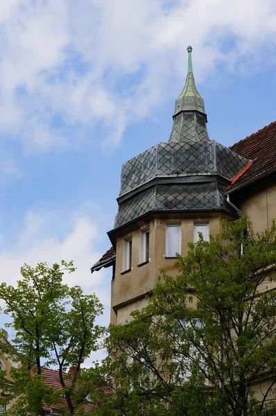 Plan Vertical Grand Bâtiment Avec Une Tour Sommet Entourée Arbres — Photo