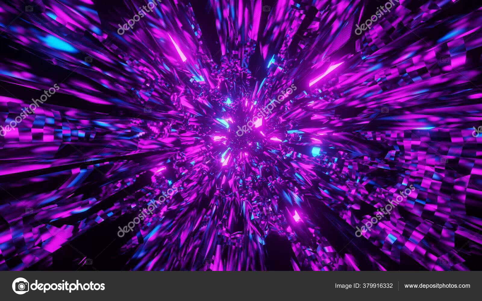 一个带有抽象的发亮的紫色和蓝色霓虹灯的未来派背景的3D渲染说明很适合科幻墙纸——图库图片© Wirestock #379916332, image size:1600x1000