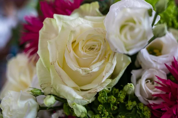Vue Rapprochée Bouquet Roses Blanches Aster Alpinus Rose Fleurs Vertes — Photo