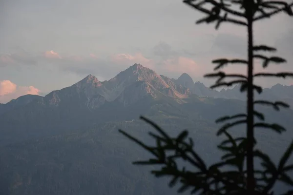 Uma Vista Deslumbrante Altas Montanhas Rochosas Noite Com Abeto Primeiro — Fotografia de Stock