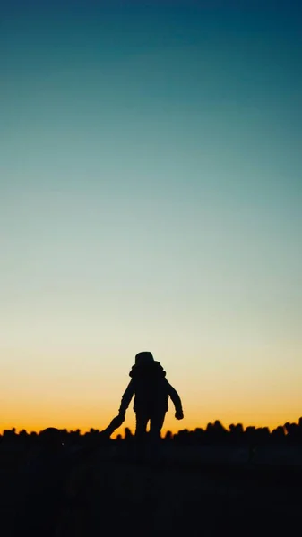 夕暮れ時の野原を歩く人の縦のシルエット — ストック写真