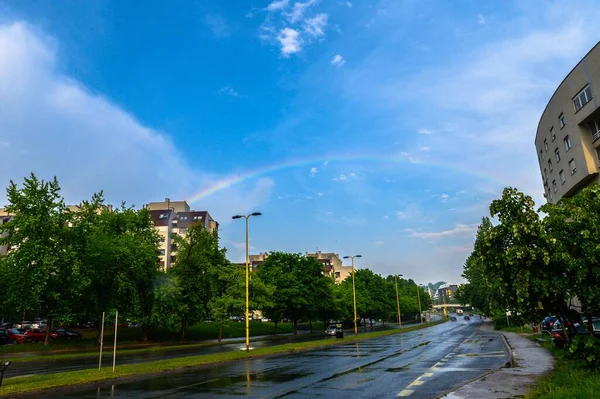 天の下の雨の後に虹のある街灯や木々のある通り — ストック写真