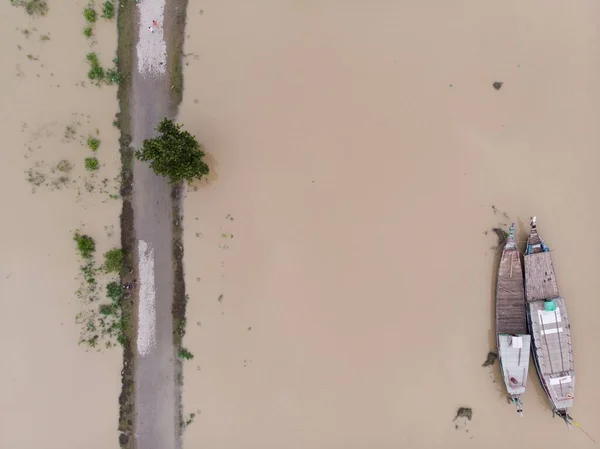 Bird Eye View Narrow Wooden Boats Dirty River — Stock Photo, Image