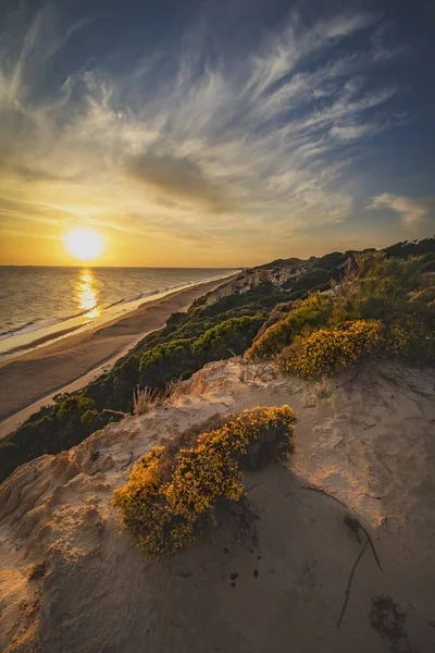 Een Verbazingwekkende Opname Van Een Zandstrand Een Zonsondergang Achtergrond — Stockfoto