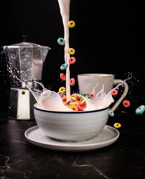 Vertical Shot Delicious Fruitloops Bowl Full Milk Cup Coffee Table — Stock Photo, Image