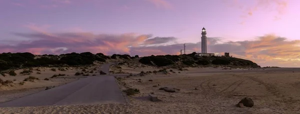 Vue Panoramique Phare Lors Coucher Soleil Rose Pêche — Photo