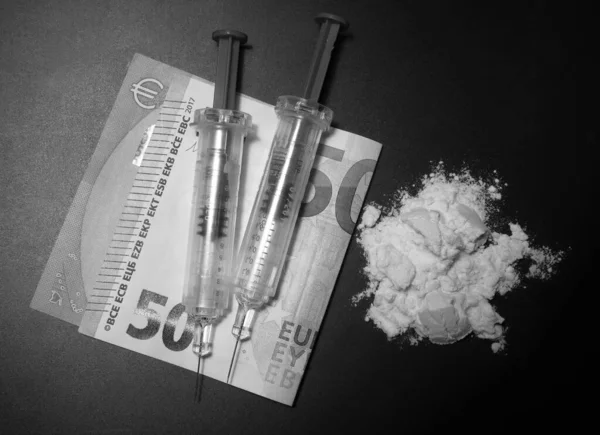 High Angle Closeup Shot Drugs Money — Stock Photo, Image