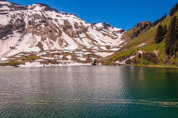 瑞士Lac Lioson湖被高山和白雪环绕 — 图库照片