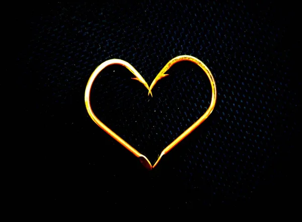 Closeup Shot Heart Made Fishing Hooks Black Background — Stock Photo, Image