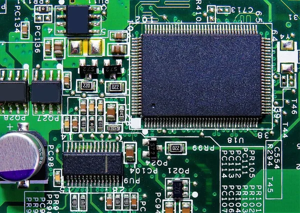 Makro Ujęcie Obwodu Elektronicznego Rezystorami Mikroprocesorowymi Komponentami Elektronicznymi — Zdjęcie stockowe