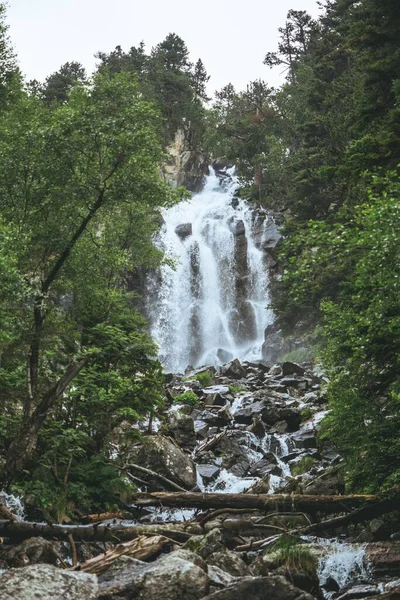 Tiro Vertical Uma Cachoeira Cercada Por Rochas Vegetação Aiguestortes Estany — Fotografia de Stock