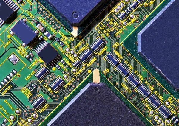 Plan Macro Une Carte Circuit Électronique Avec Des Micropuces Résistantes — Photo
