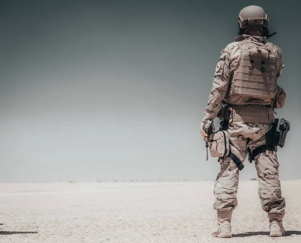 Niesamowite Ujęcie Żołnierza Szarym Tle Nieba — Zdjęcie stockowe